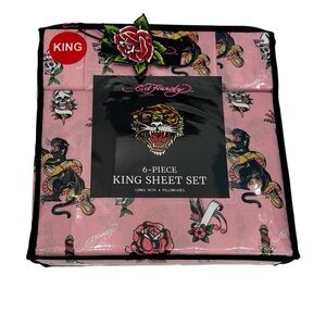 Ed Hardy 6-Pc‎ Pink Tattoo Skulls Roses 8-Balls Snakes Panthers Sheet Set King
